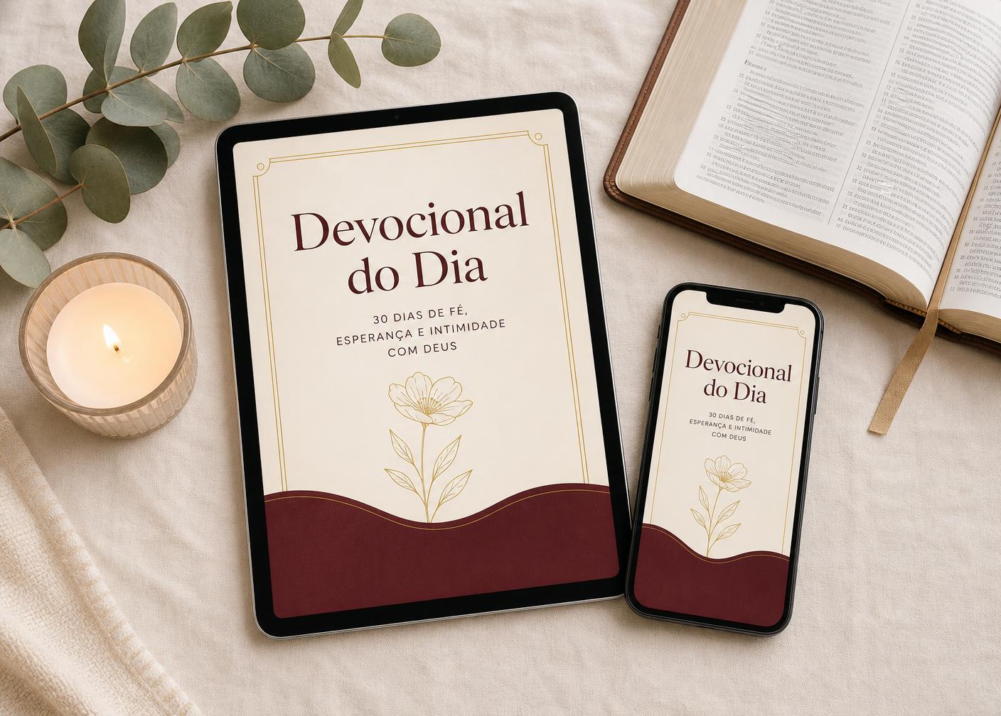 Devocional do Dia aberto no tablet e no celular, ao lado de uma bíblia